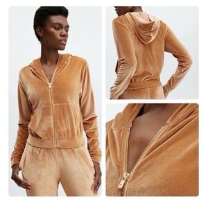 Fabletics Velour Zip Hoodie Jacket Women M Mustard Gold Plush Lounge Ath Leisure